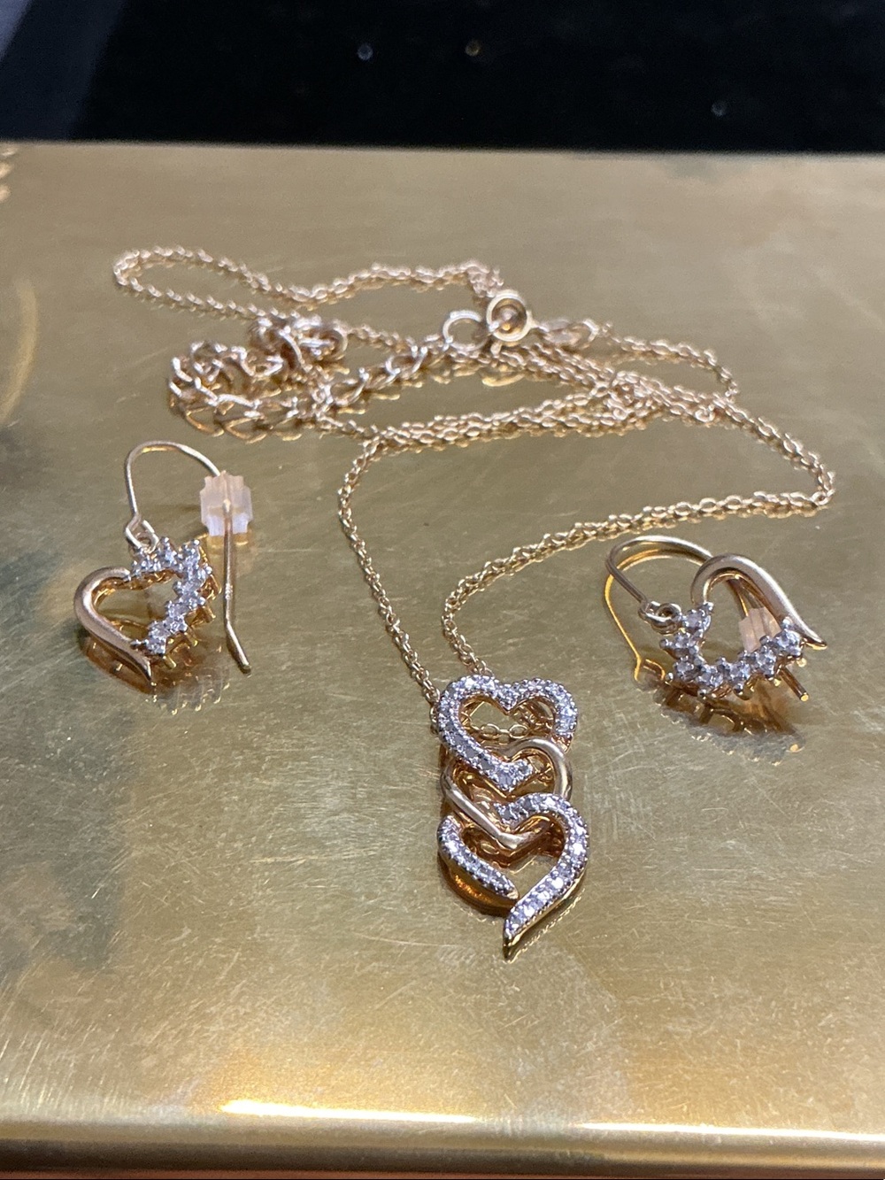 .925 Gold Double Heart Necklace and Earring Set.